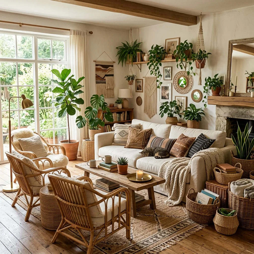 Boho living room with rattan chairs and wicker accents